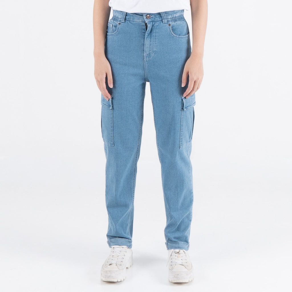 Benhill Celana "Miso" Wanita Denim High Waist Cargo Pants Light-Medium Blue A556-A557