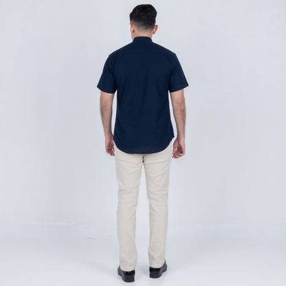 Benhill Kemeja Koko Pria Linen Combination Pendek Navy  50051-16G10