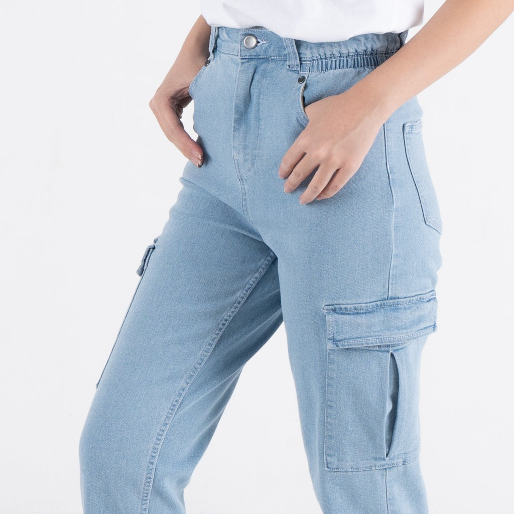 Benhill Celana "Miso" Wanita Denim High Waist Cargo Pants Light-Medium Blue A556-A557