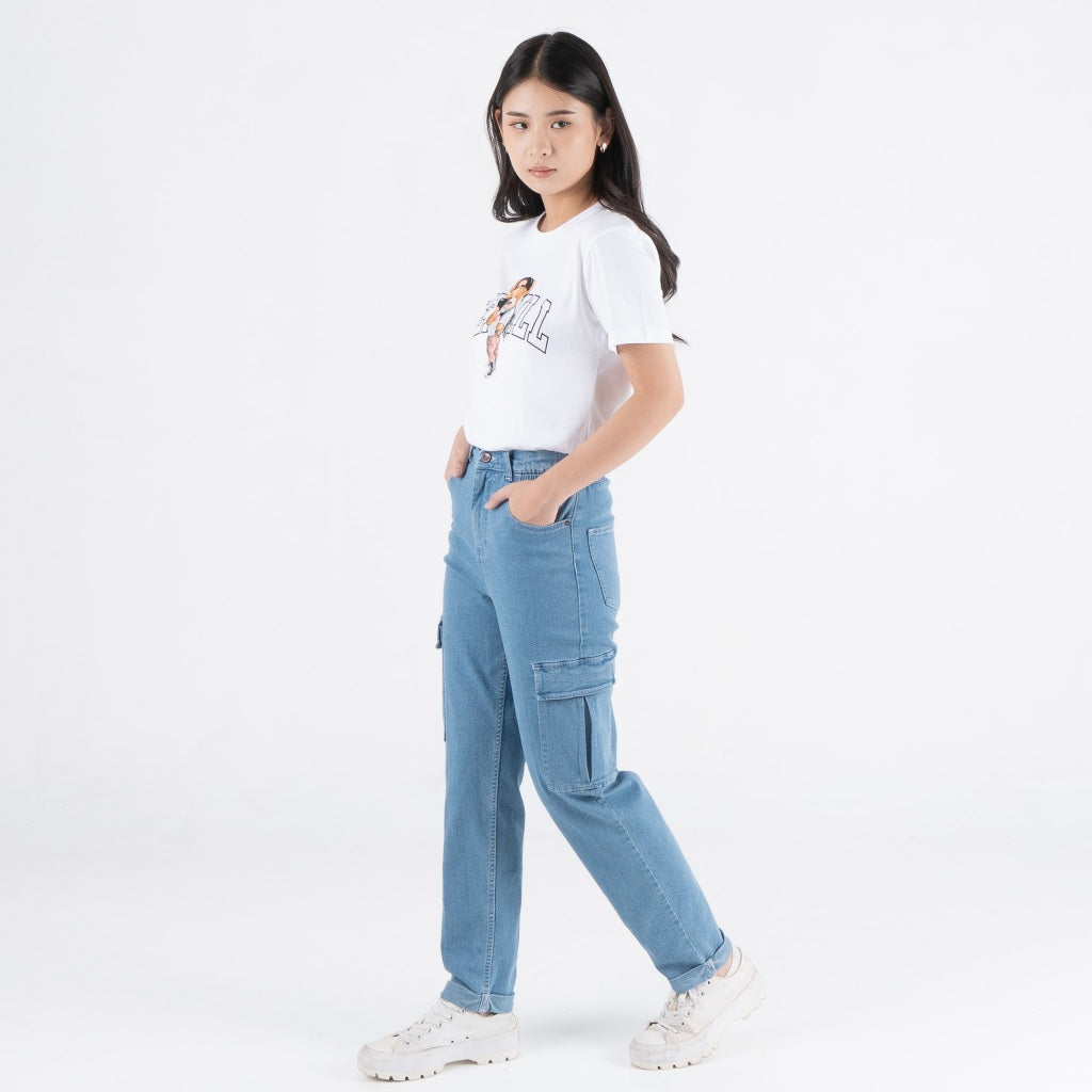 Benhill Celana "Miso" Wanita Denim High Waist Cargo Pants Light-Medium Blue A556-A557