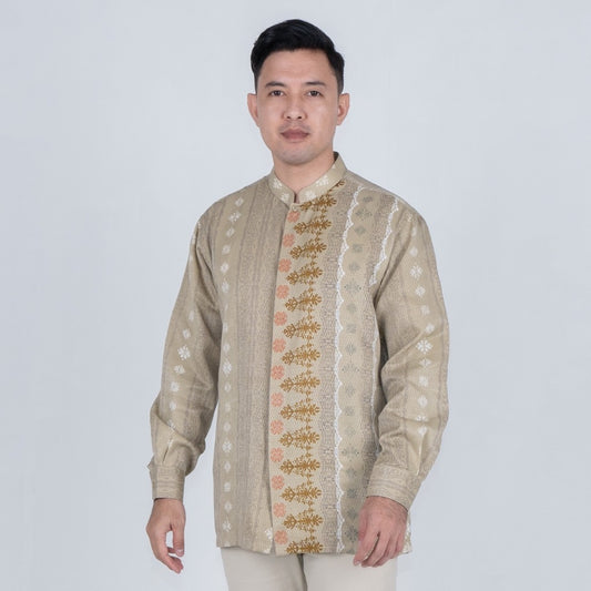 Benhill Kemeja Koko Pria "Tenun Sultan" Dobby Printing Panjang  Khaki 51037-36509
