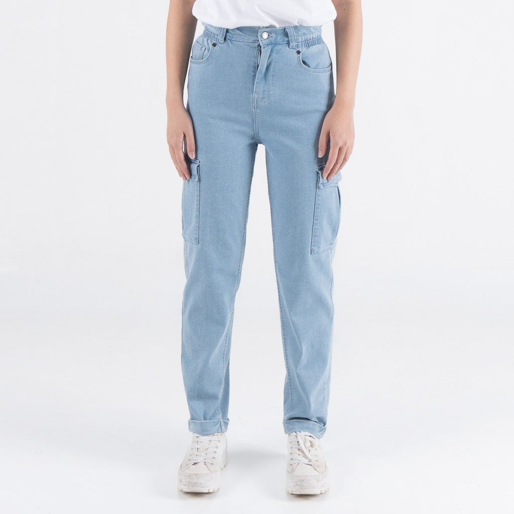 Benhill Celana "Miso" Wanita Denim High Waist Cargo Pants Light-Medium Blue A556-A557