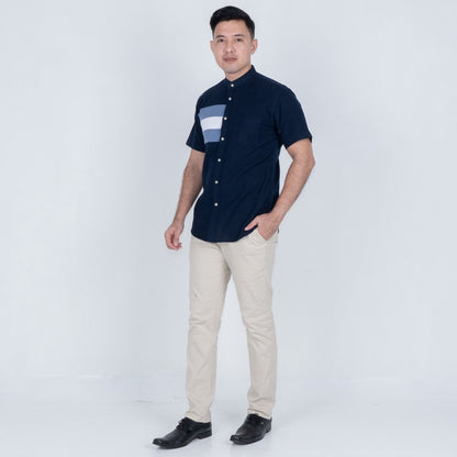 Benhill Kemeja Koko Pria Linen Combination Pendek Navy  50051-16G10