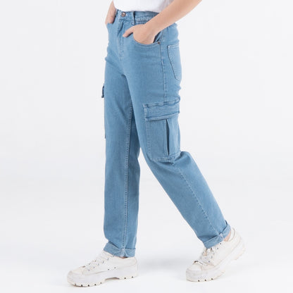 Benhill Celana "Miso" Wanita Denim High Waist Cargo Pants Light-Medium Blue A556-A557