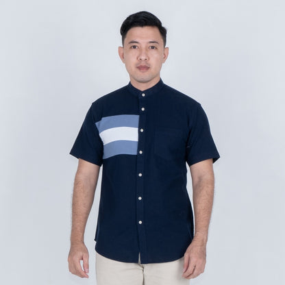 Benhill Kemeja Koko Pria Linen Combination Pendek Navy  50051-16G10