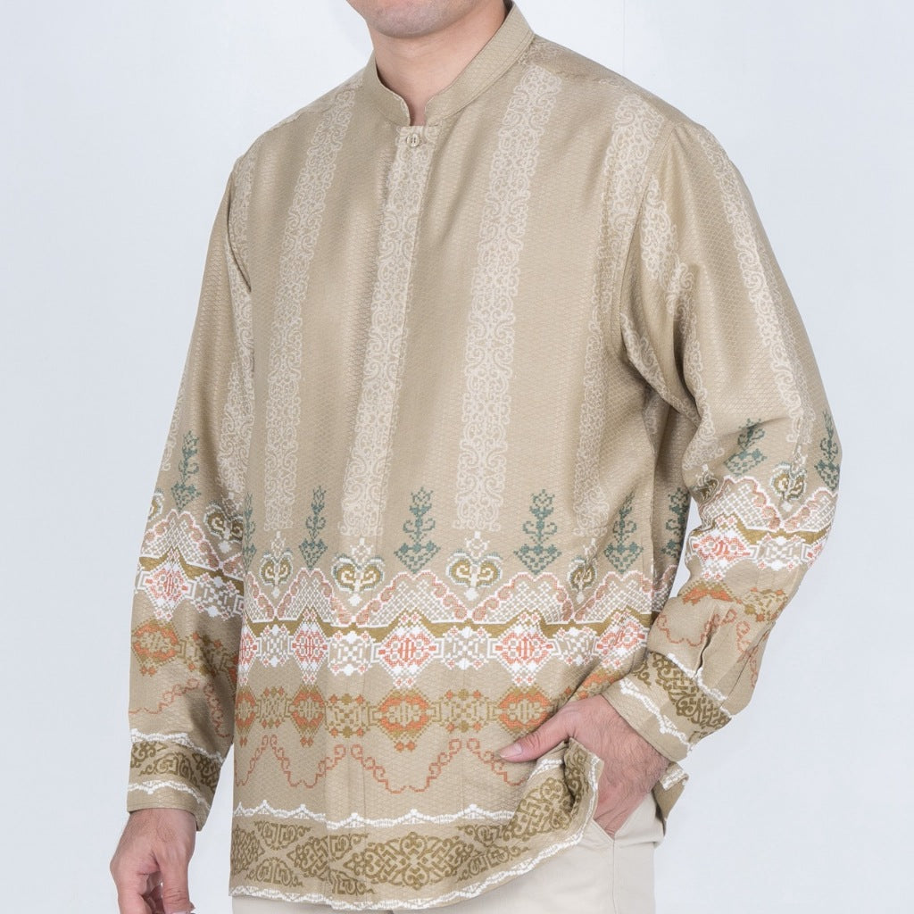 Benhill Kemeja Koko Pria "Tenun Sultan" Dobby Printing Panjang Coklat Susu 51033-36509
