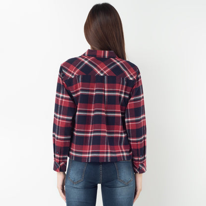 Benhill Kemeja Crop Top Wanita Flannel  Lengan Panjang Kotak Maroon 270-11484