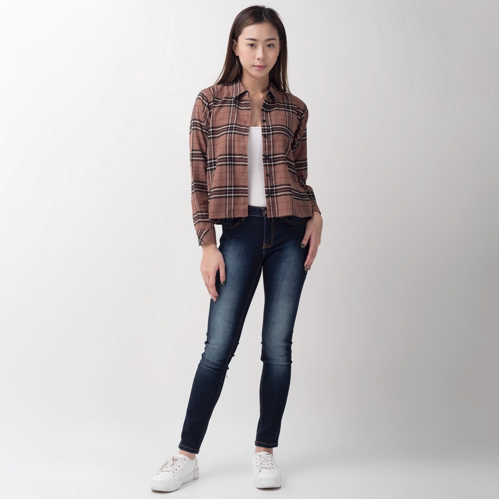 Benhill Kemeja Crop Top Wanita Flannel Lengan Panjang Kotak Coklat 751-11584