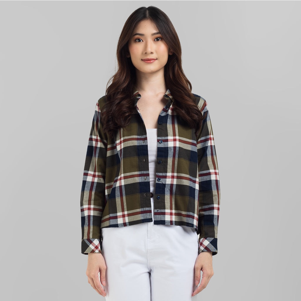 Benhill Kemeja Crop Top Wanita Flannel Lengan Panjang Kotak Hiaju 767-11784