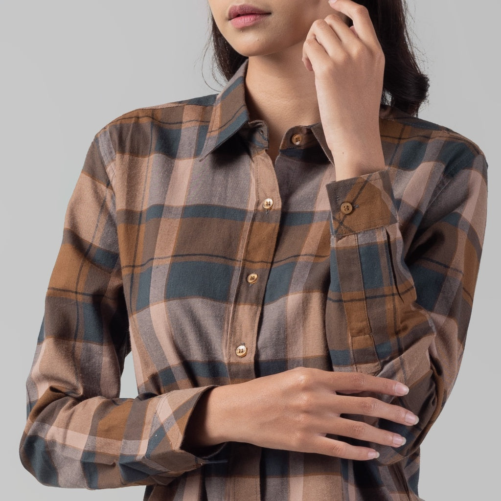 Benhill Kemeja Tunik Flannel Wanita Kotak Coklat 1165-11535