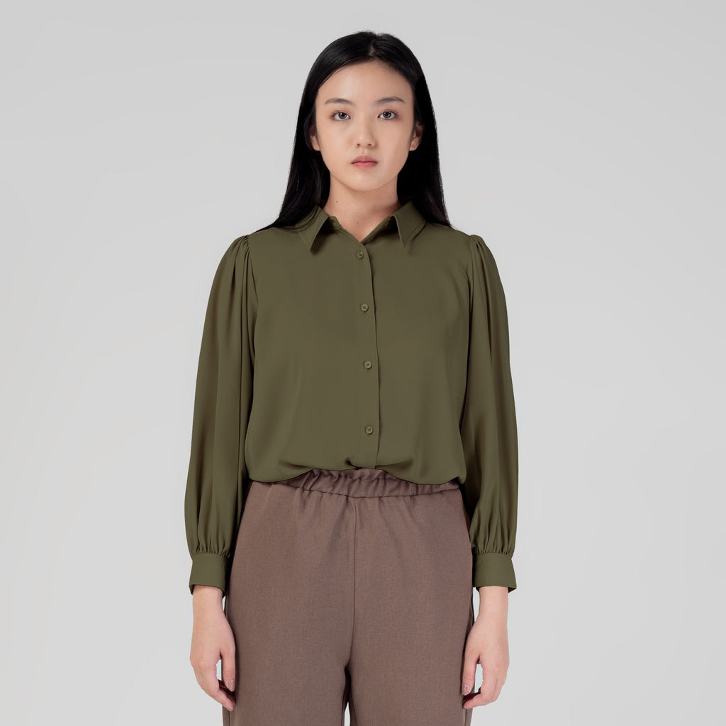 Benhill Kemeja Wanita " Seori" Tops Lengan Panjang Puff Olive A155-29H79