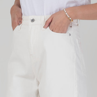 Celana Denim Wanita "Arin"  High Waist Loose Straight Pants Off White A175-2291D