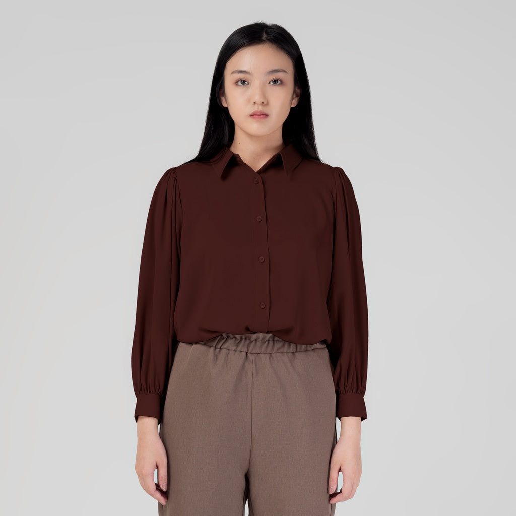 Benhill Kemeja Wanita " Seori" Tops Lengan Panjang Puff Coklat A153-29579