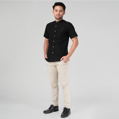 Benhill Kemeja Koko Pria Linen Polos Lengan Pendek Black 28154-16210